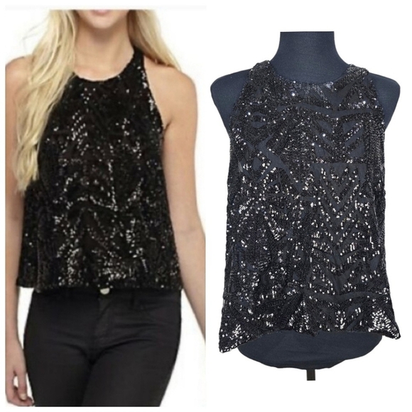 Everly Sequined Top Sz Large Black Jazz Sparkle New Years Cocktails Halter Glam - Picture 2 of 16